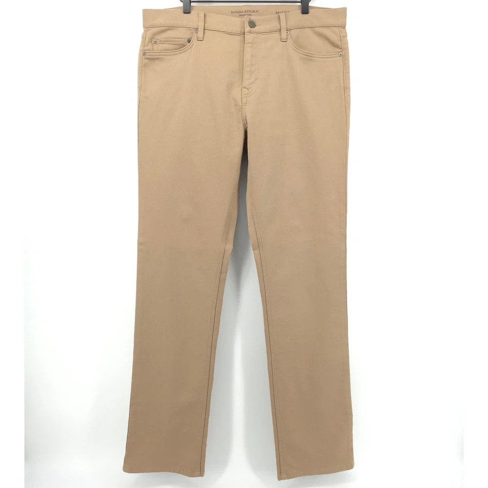 Banana Republic Mens Traveler Pants 36x34 Slim Fit Khaki Tan Chino Stretch